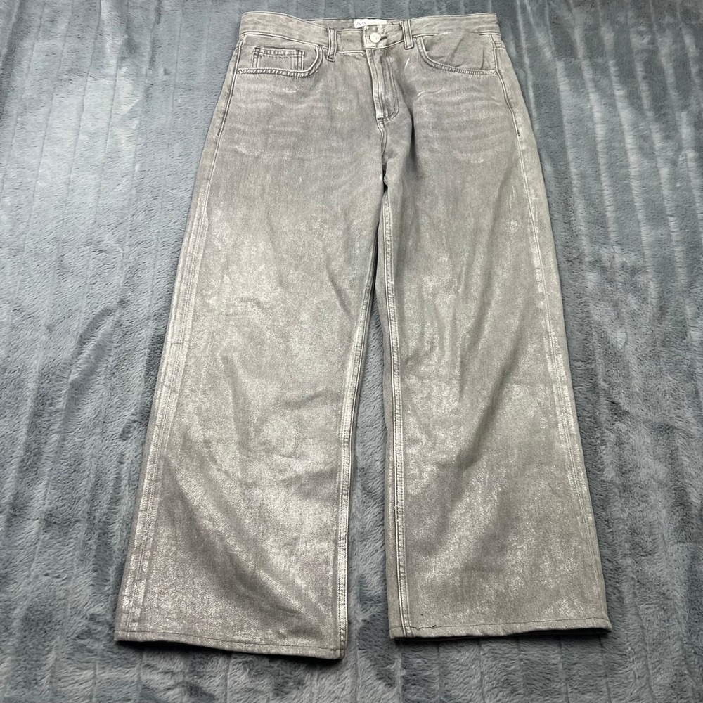 Zara Metallic Silver Coated Wide Leg Denim Jeans Womens Size 8 Gray 100% Cotton